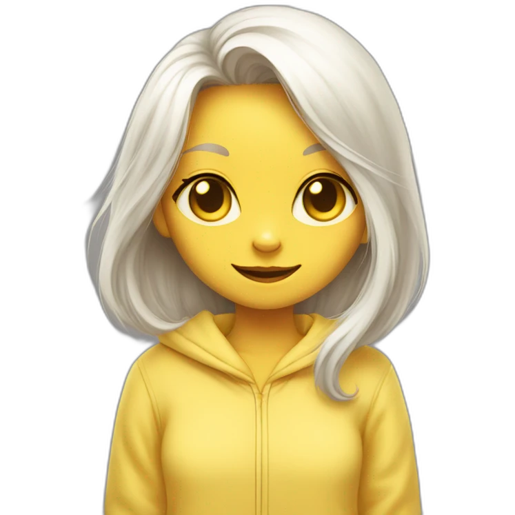Cat-girl with long white hair yellow eyes in yellow pajamas hiding emoji