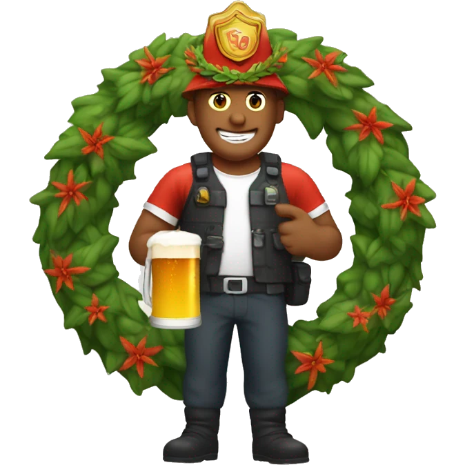 fireguy with wreath on his head and beer in his hands emoji