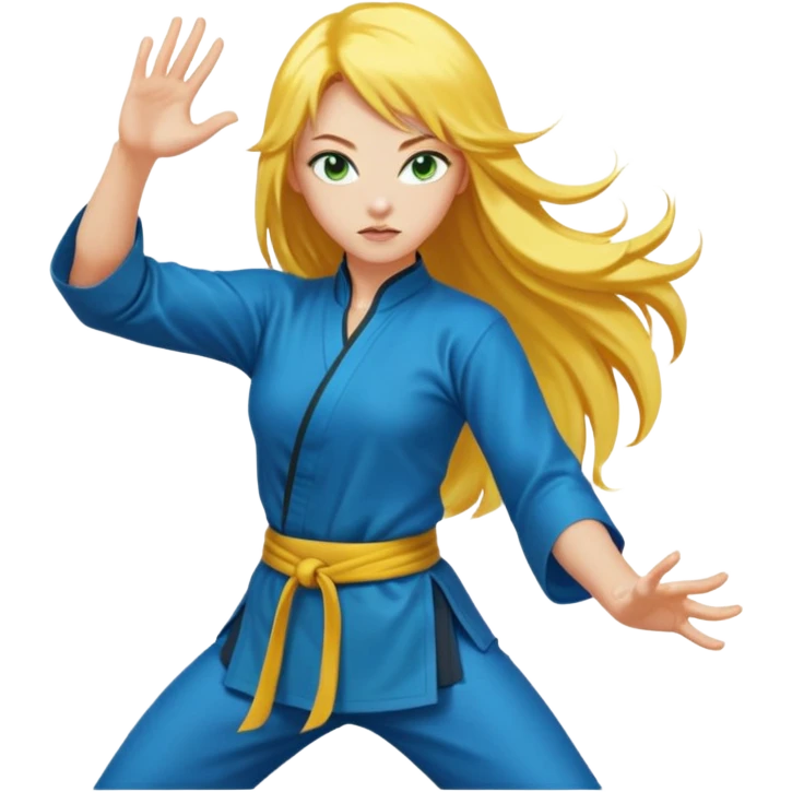sexy girl with long yellow hair, kung fu, blue green eyes emoji