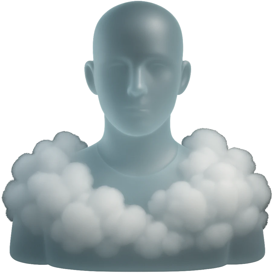 person looking straight ahead, shoulders filled with puffy white fluffy clouds, matte glass style emoji