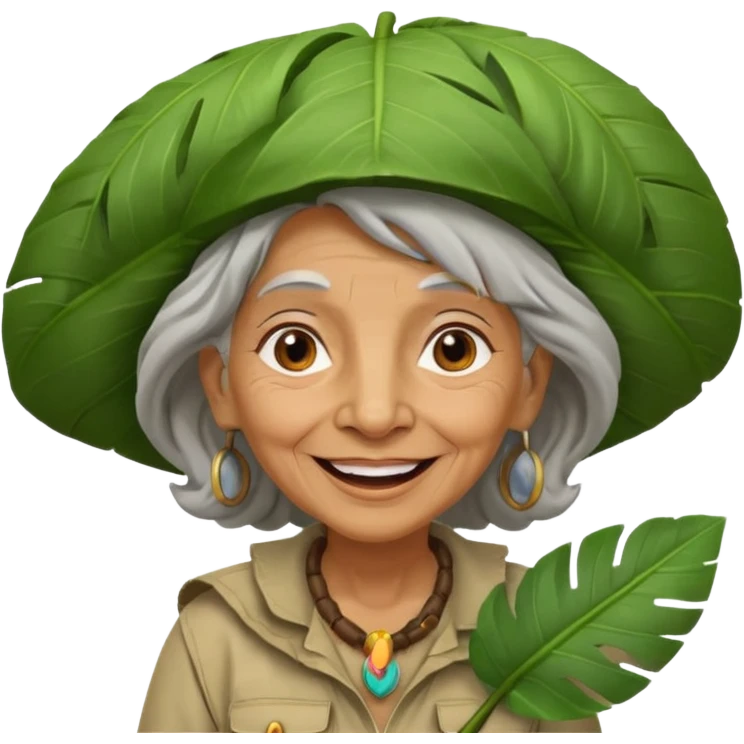 a old woman explorer with jungle wearing a large leaf headgear bye  emoji