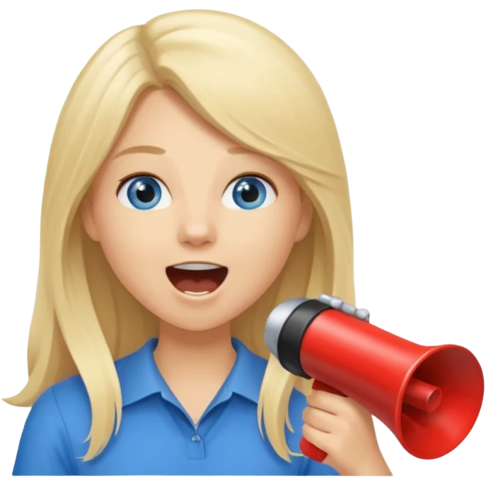 blue eyes blonde girl yelling into megaphone saying timeout long hair smiling emoji