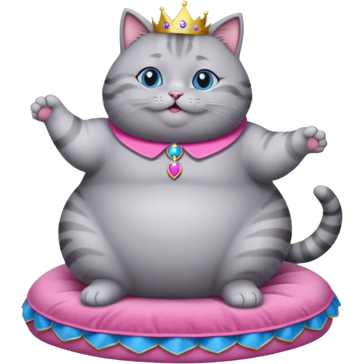 A fat grey cat with blue eyes and pink collor dancing on a cat princess bed emoji