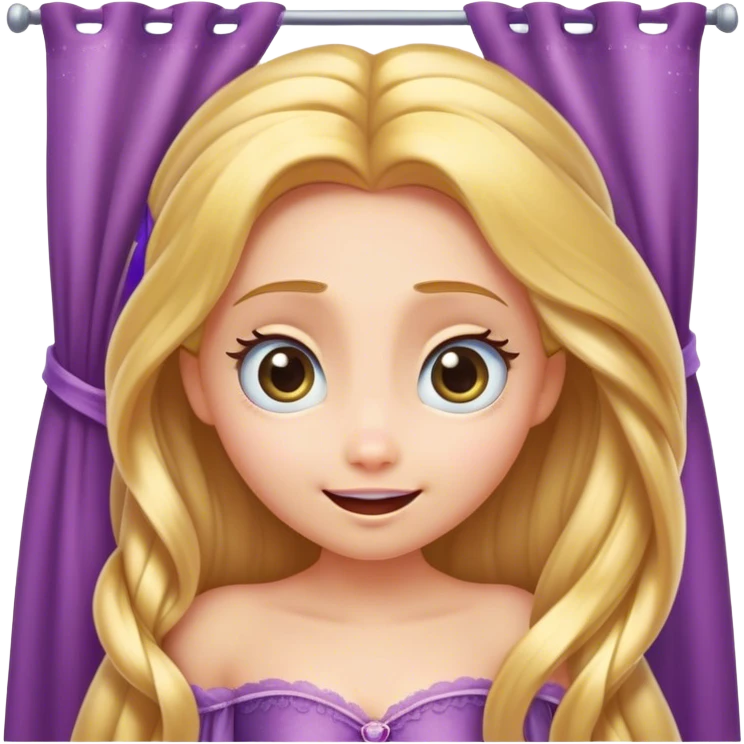 Cinematic Adorable Rapunzel Portrait Emoji, Playfully peeking out from behind a curtain of hair, big sparkling eyes, cheeks flushed with excitement, exuding charm and innocence, an absolute delight! emoji