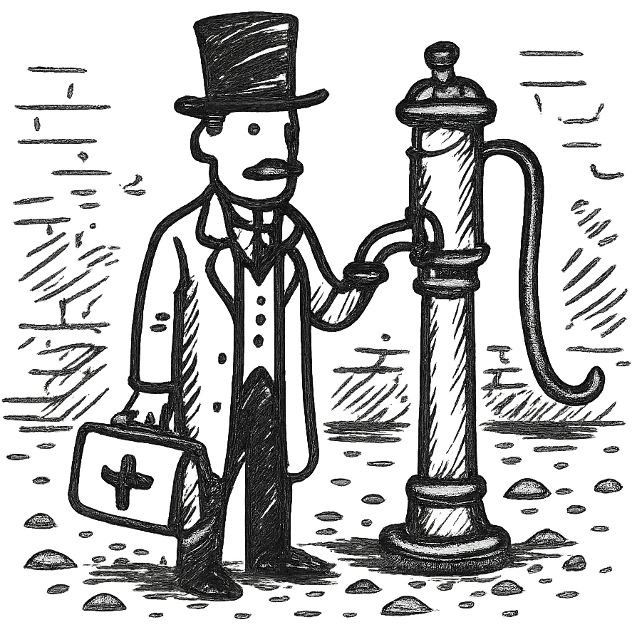 A victorian doctor with a street water pump in a dirty street emoji