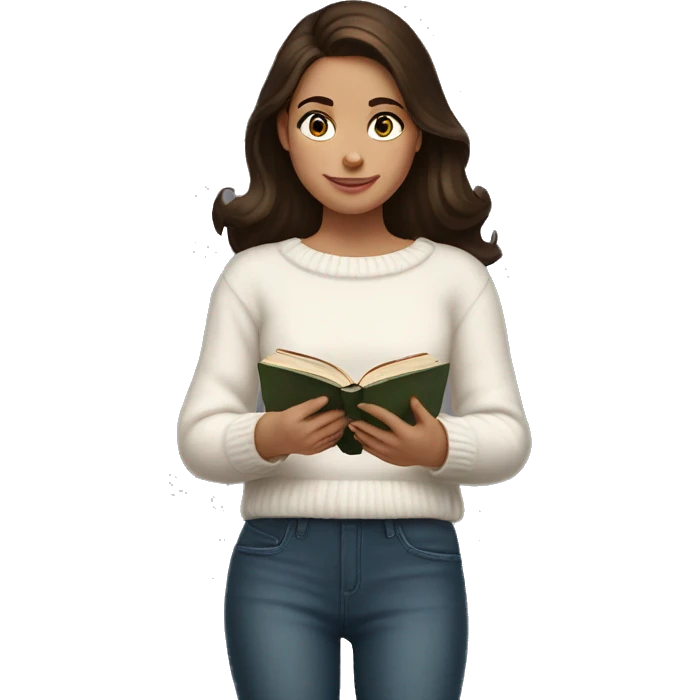 brunette girl in a white sweater is reading a book in her hands emoji