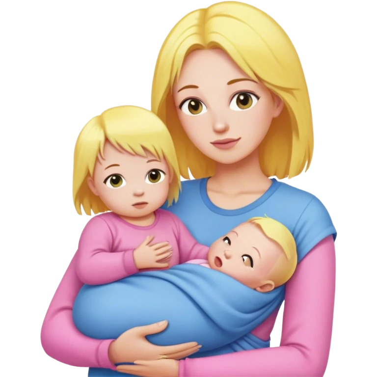 Mother with yellow hair and pink clothes, holding baby in blue clothes emoji