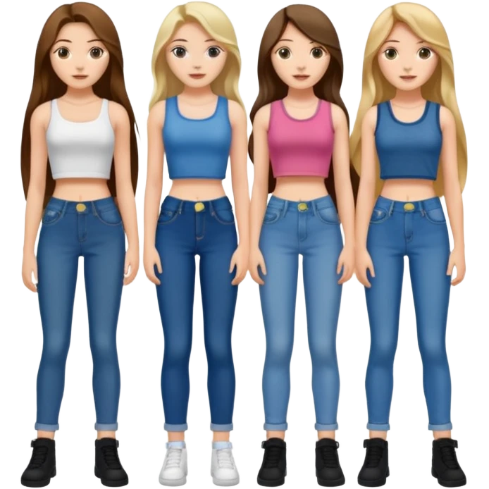 group of cute teenage girls with long hair in crop tops and jeans emoji