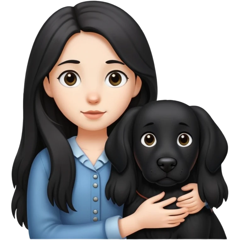 A long-haired girl is holding a big black dog with standing ears emoji