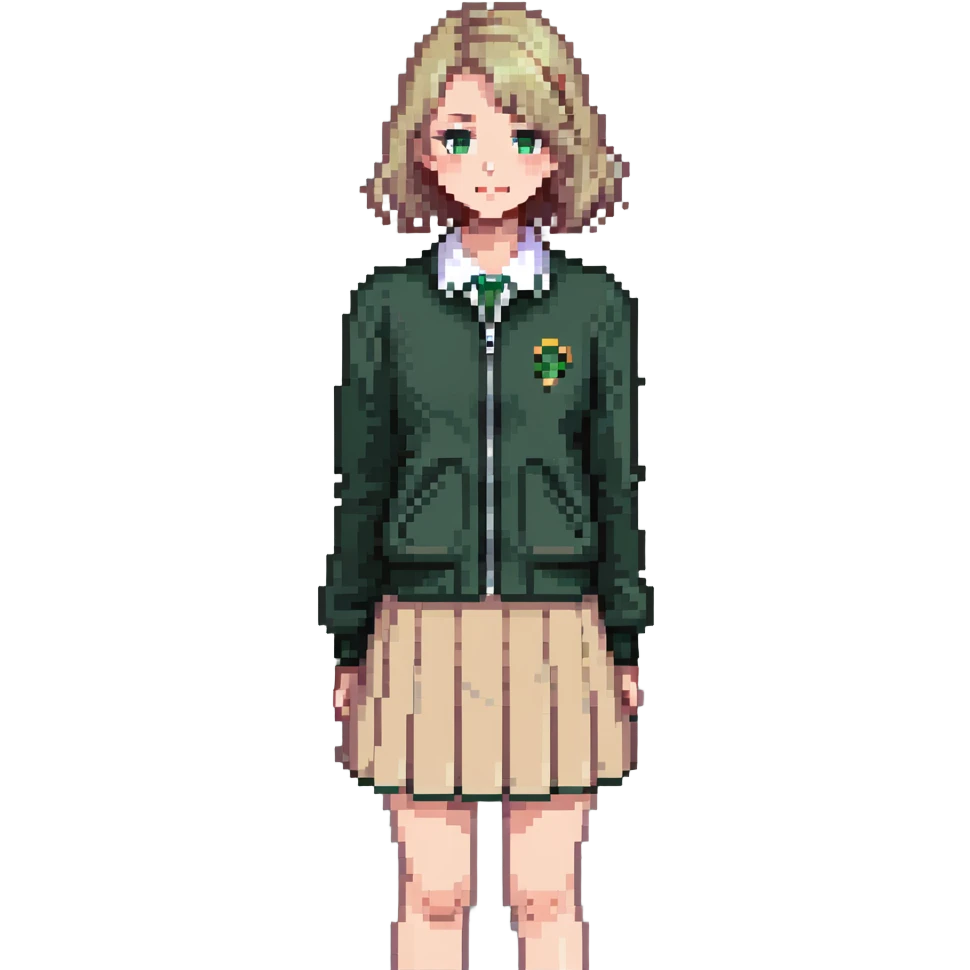 girl in a school uniform wearing a green polo, beige skirt, grey zipper jacket emoji