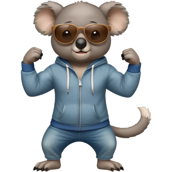 anthropomorphised koala, full body, wearing a hoodie and jeans, dark sunglasses, flexing muscles in a different pose emoji