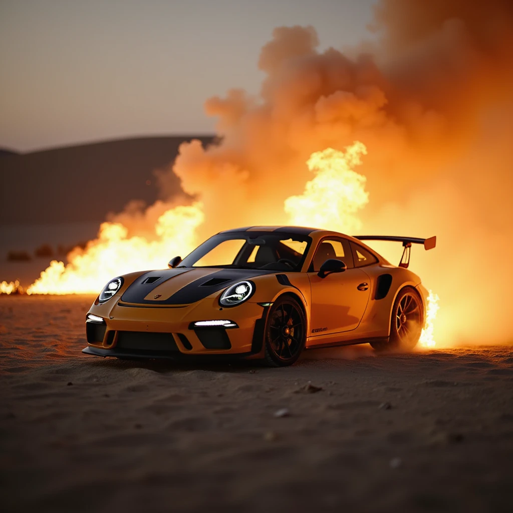 Cinematic shot, Porsche 911 gt3 rs in fire, desert emoji