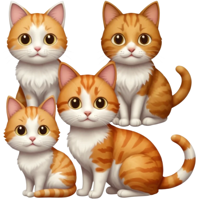 3 cats different colours including brown tabby and white, light patchy calico, and ginger and white emoji