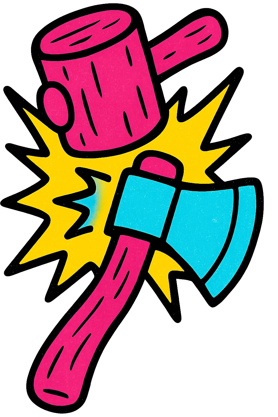 a wooden mallet hitting the blade of an axe, exaggerated impact, vibrant colors emoji