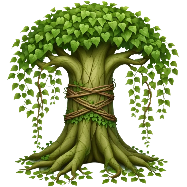 Tree with vines wrapped around trunk, ivy entwined tree emoji