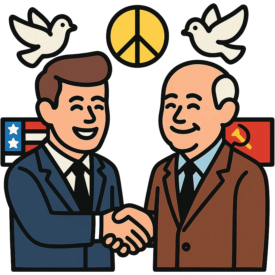 John F. Kennedy and Mikhail Gorbachev side by side, smiling, shaking hands, small peace symbol and doves, US and USSR flags as accents, friendly diplomatic atmosphere emoji