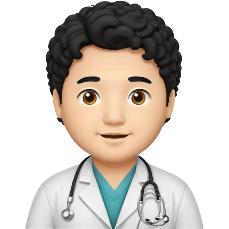 a young asian chubby male doctor with black long curly hair and cheerful face without gpasses emoji