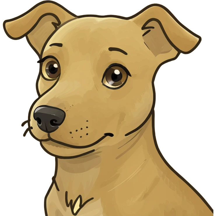 a golden dog is sitting on a red chair. Has a pony tail  emoji