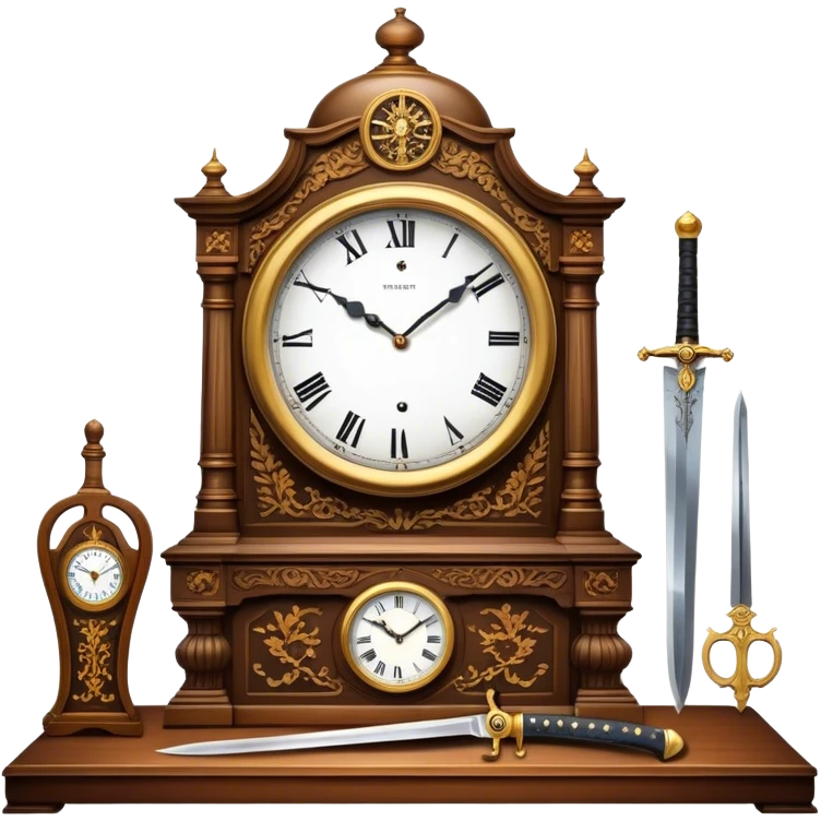 Icon for Antiques Collecting: a vintage clock, intricately carved furniture, famous paintings, antique swords, and rifles. The items are displayed on a wooden table or shelf. The icon should evoke the rich history and craftsmanship of antique collecting. Transparent background. emoji