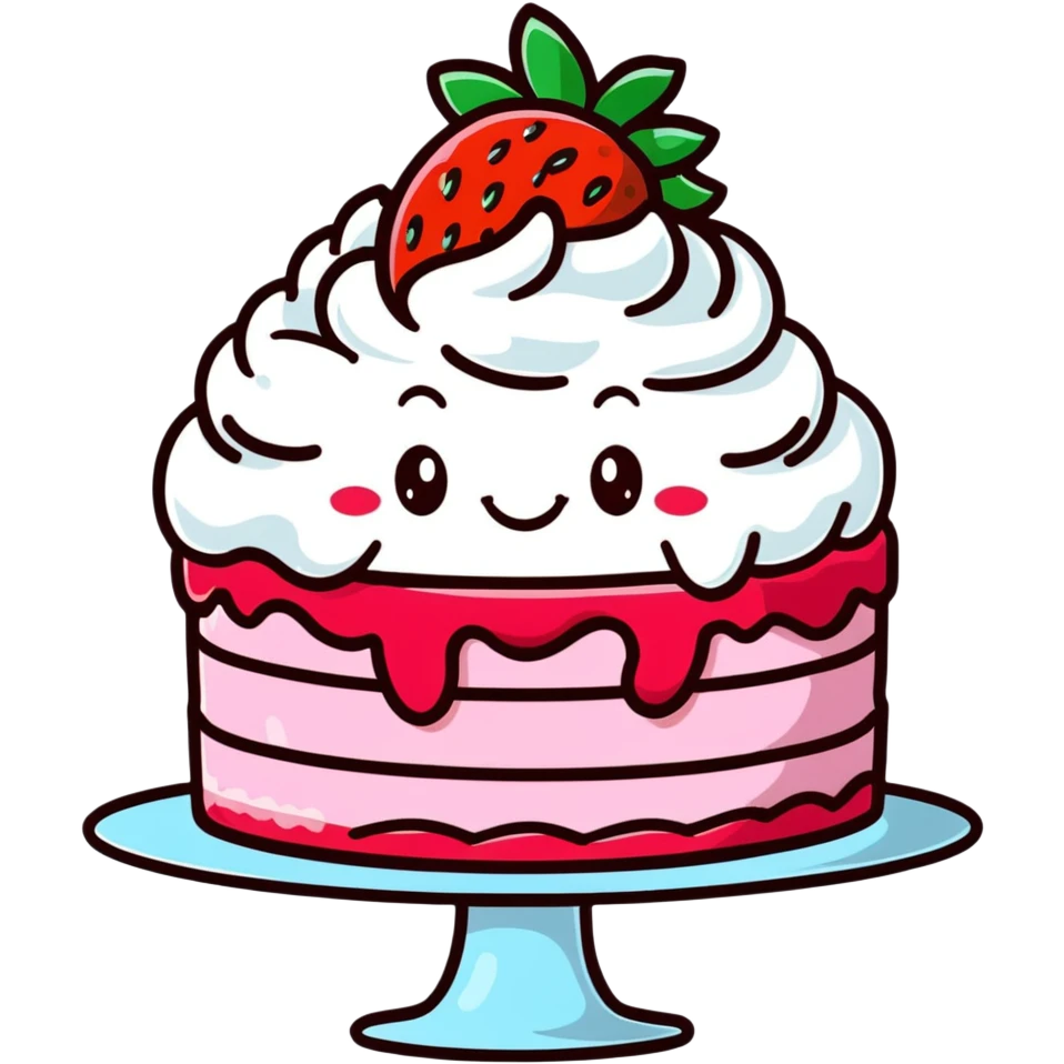 cute strawberry cake with whipped cream, smiling face, kawaii, soft light, hand-drawn look emoji
