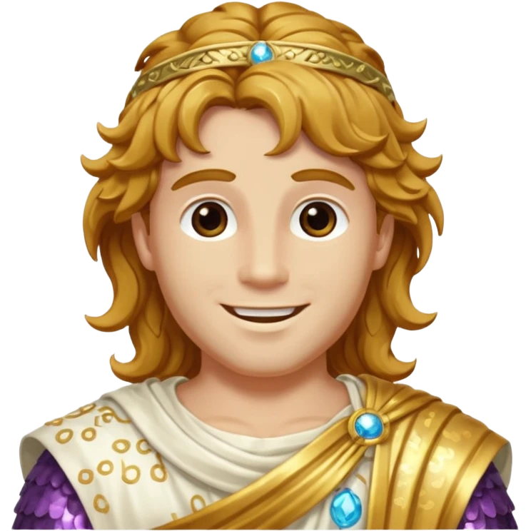 Mercury, Messager of the Gods from Roman Deities with long golden brown wavy hair, ivory sequin toga emoji
