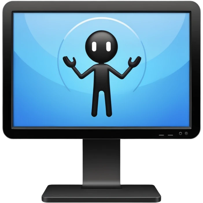 Minimalistic flat vector icon, iOS style, thin black contour on white background. Computer monitor showing a simple stickman character inside a game world. Clean, no text, no shadows emoji
