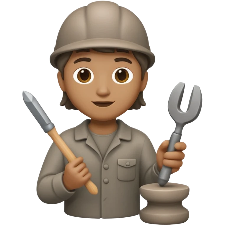 Apple Memoji-style 3D emoji of a sculptor with a small statue and chisel, smooth gradients, rounded edges, no background.during sculpting rock emoji