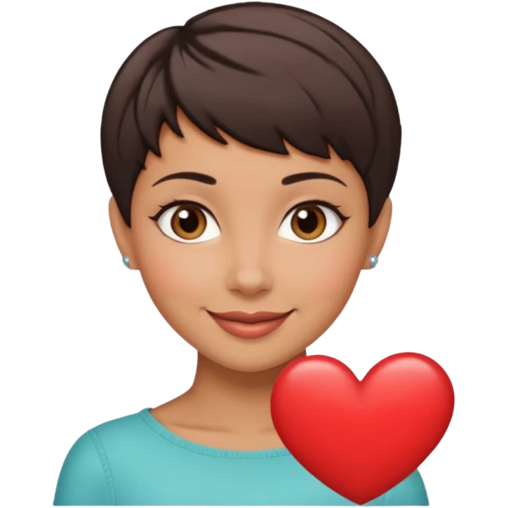 woman pixie cut dark brown hair, tan skin, brown oval eyes, heart shaped face emoji