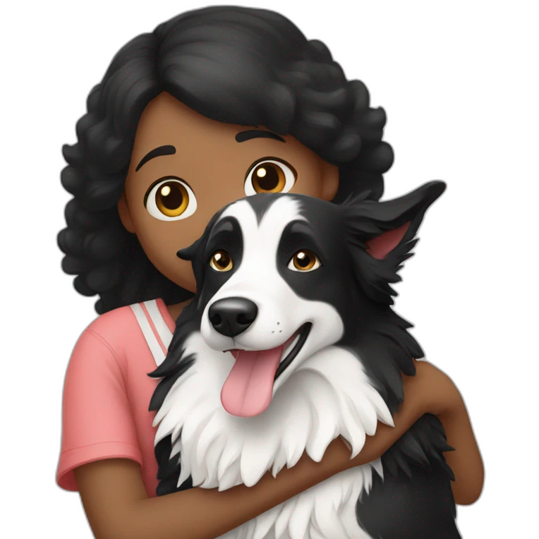 A girl hugging a adult black and white border collie emoji