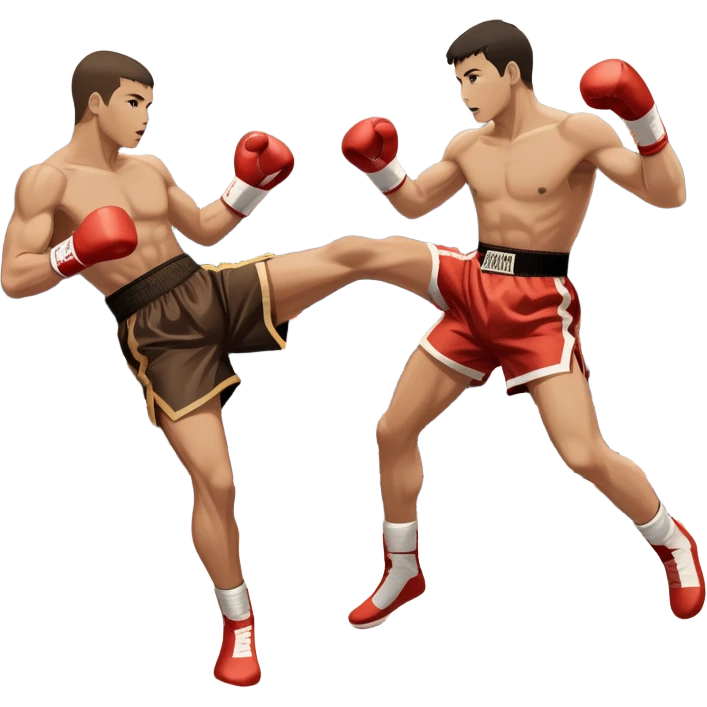 An icon symbolizing kickboxing, featuring two fighters in the ring. One throws a powerful high kick, while the other counters with a punch. The background shows a boxing ring with ropes and a crowd in the distance. Transparent background emphasizes the dynamic energy emoji
