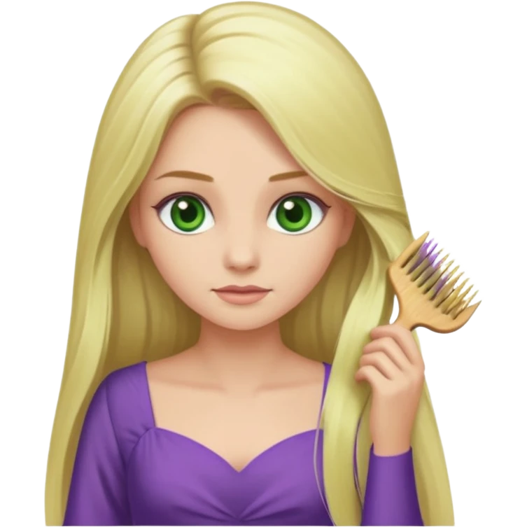 blonde woman with swamp green eyes, soft purple dress, combing her long hair, iOS emoji style emoji