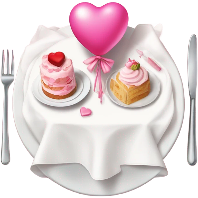 pink romantic party setting for two people and heart balloon  table with white cloth and candle with bows on the table and white Korean cake emoji