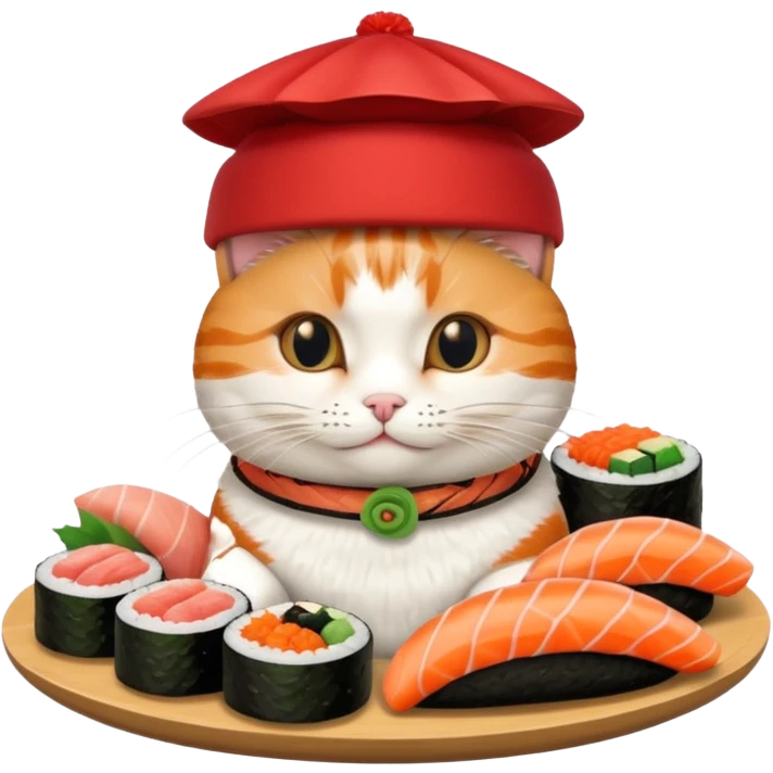 cat with a sushi-themed hat, elaborate sushi arrangement emoji