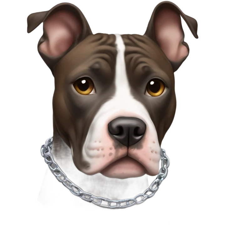 American pitbull terrier with a brindle (black and brown blend)  coat and white down middle of his face and chest. He has a silver chain link collar emoji