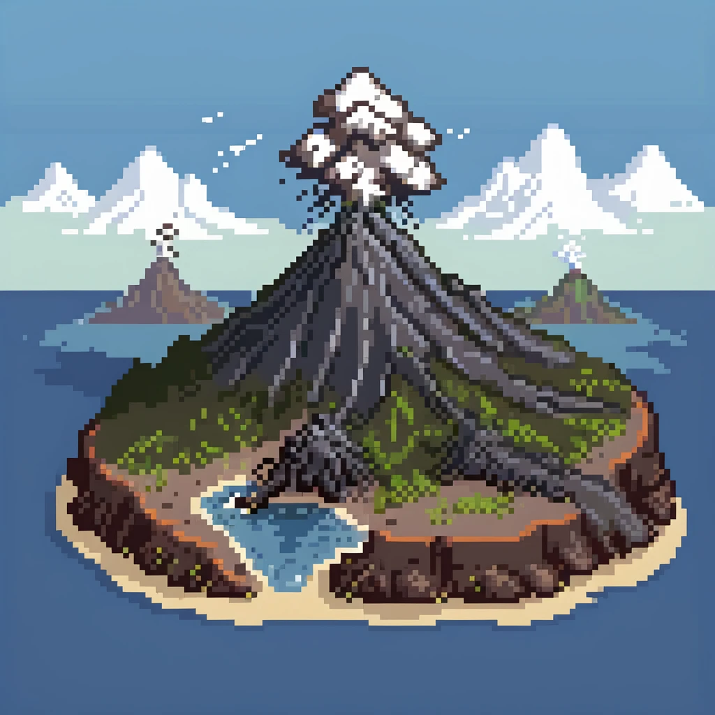 Volcanic island with multiple erupting peaks and ash clouds emoji