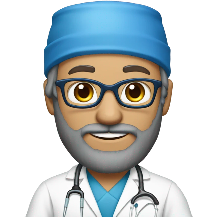male blond doctor in scrub cap with grey van dyke beard with hazel eyes and small wire-rimmed glasses in blue scrubs holding a large paintbrush emoji