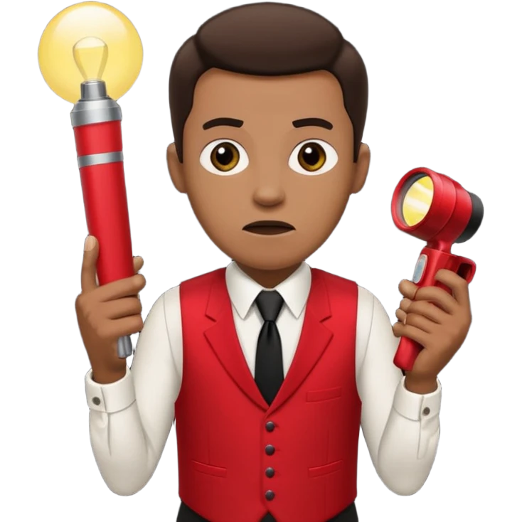 Movie theatre usher in red vest and black tie with normal flashlight looking scared emoji