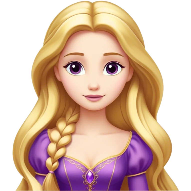 Cinematic Majestic Rapunzel Portrait Emoji, rendered in a clean, vector-style with bold, simplified shapes. Show Rapunzel with a serene, graceful expression, luminous fair skin, and elegantly styled long golden hair, accented by her classic purple gown. The design radiates a majestic, dreamlike glow with high shine and a soft glowing outline, embodying regal beauty. emoji