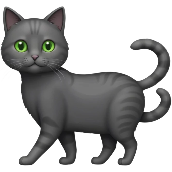 full body gorgeous solid dark grey cat with green eyes, white paws and white whiskers walking emoji