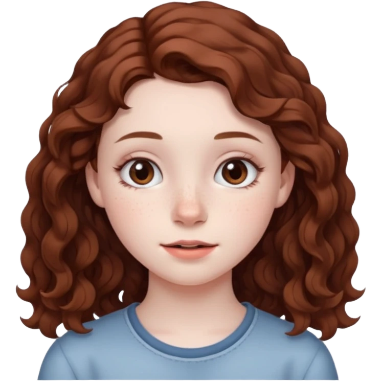 15 year old girl with pale skin, dark freckles, rosy cheeks, and wavy brown hair. emoji