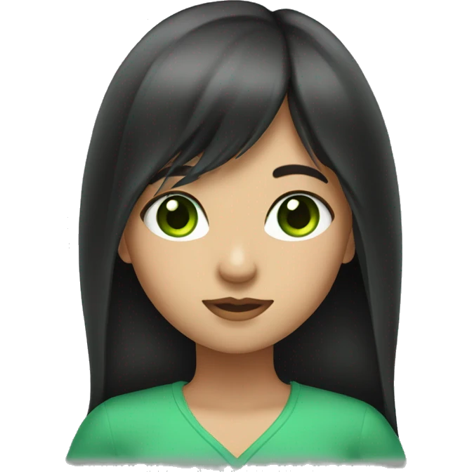 girl with long dark hair with bangs and green eyes emoji