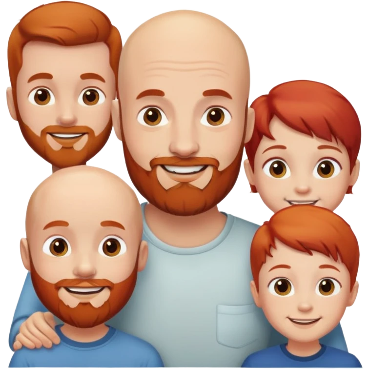 On the top level: smiling bald man with the beard, smiling redhead woman.  On the bottom level: three smiling little boys without beards emoji