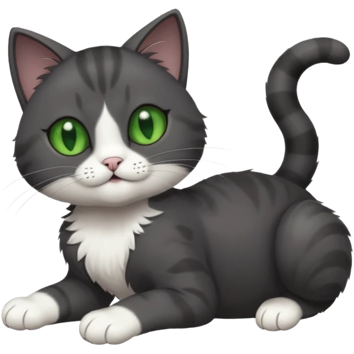 solid dark grey cat with green eyes, white toes/paws and white patch on her chest playfully rolling upside down emoji