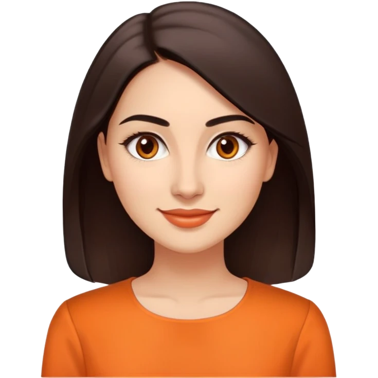 Young woman in her 30s with light skin, oval face, soft features, large dark brown eyes, medium eyebrows, small nose, friendly smile, long straight dark brown hair, wearing an orange elegant blouse emoji