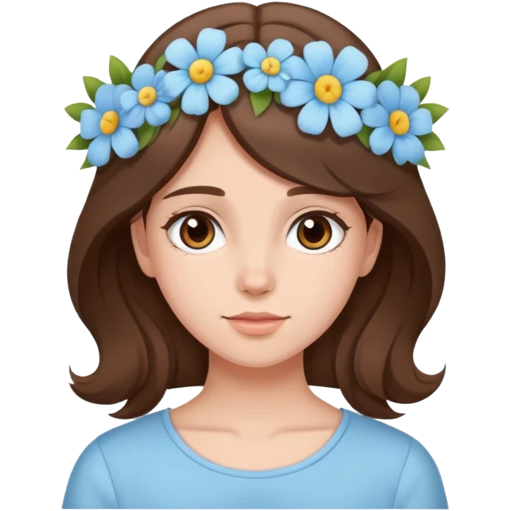 brunette girl with brown hair wearing pastel blue clothes with flowers in her hair emoji
