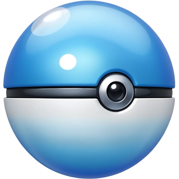 blue pokeball emoji, top half is a more saturated blue, bottom half is white, black stripe, with a white sheen, with a pearlescent finish, with a bubble effect emoji