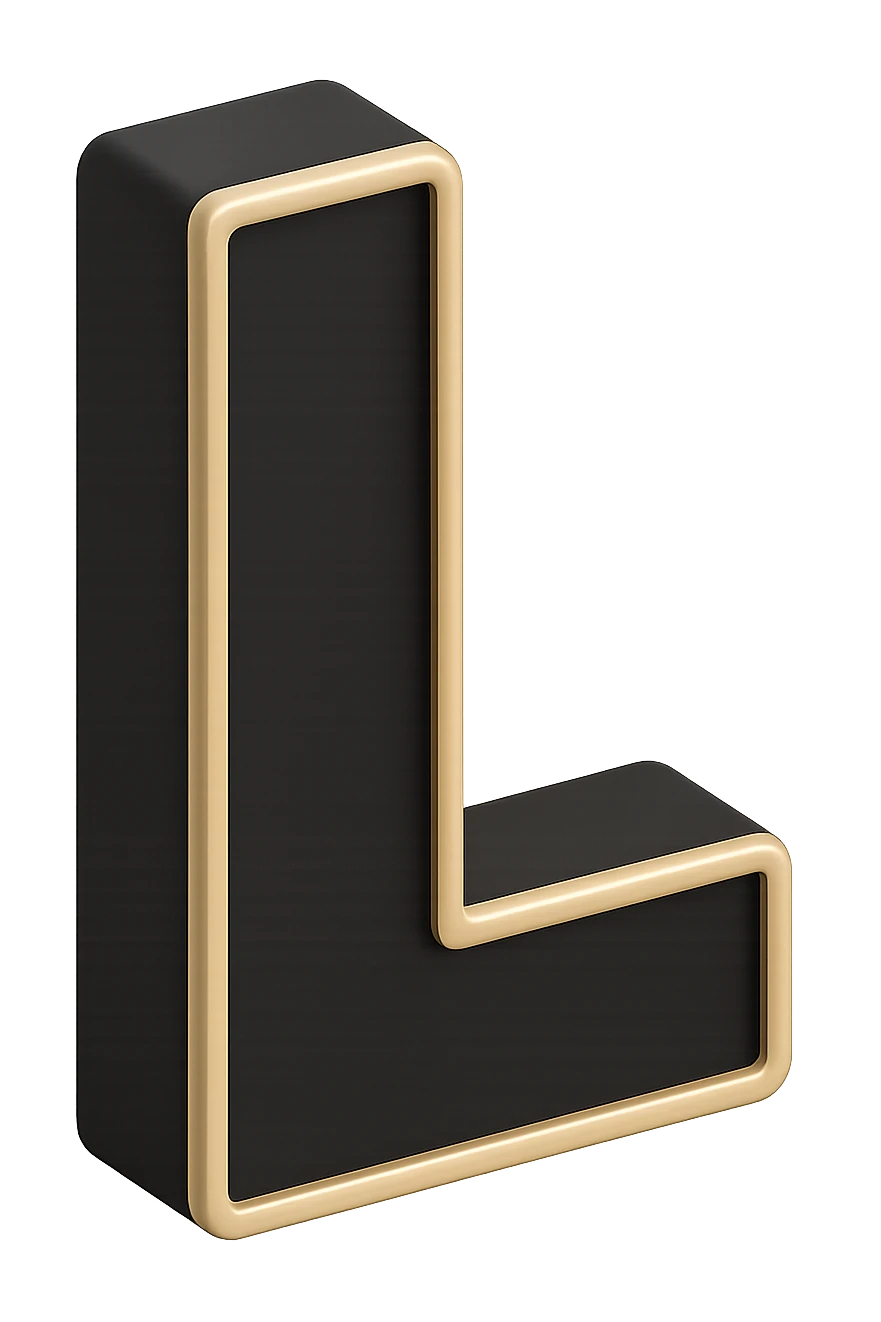 Create the letter L in the 3D Black style, matching the bold, clear, gold-edged look of the reference letter A. emoji