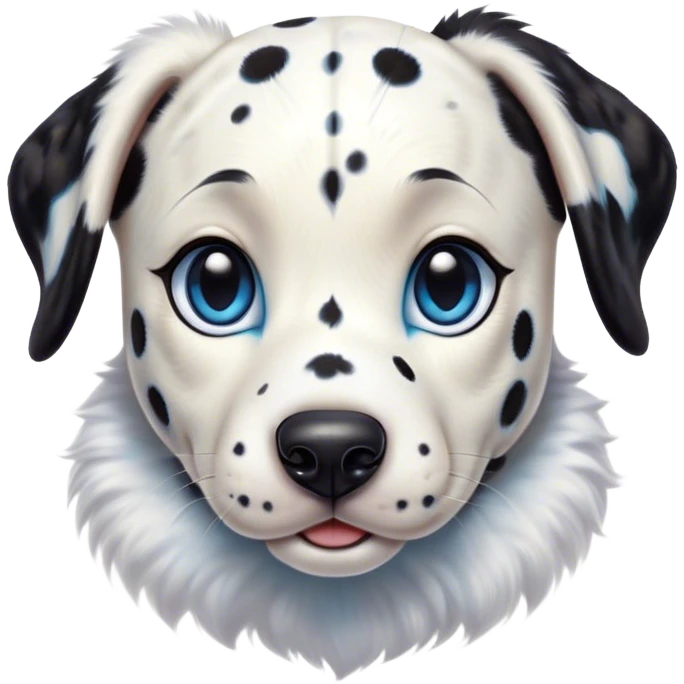 Cinematic Cute Harlequin Dalmatian Portrait Emoji, Head tilted playfully and inquisitively, featuring a glossy Fur of predominantly white with dynamic black patches, round, sparkling blue eyes filled with gentle curiosity, Simplified yet irresistibly adorable features, highly detailed, glowing with a warm, friendly glow, high shine, affectionate and gentle, stylized with a touch of whimsy, bright and endearing, soft glowing outline, capturing the essence of a mischievous yet loving pup, so playful it feels like it could lumber out of the screen and into your arms! emoji