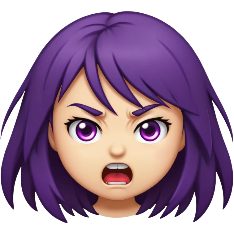 This emoji-style illustration depicts a chibi dark heired girl with an angry expression. The character has furrowed brows, large, intense purple eyes, and a small open mouth, as if shouting or arguing emoji