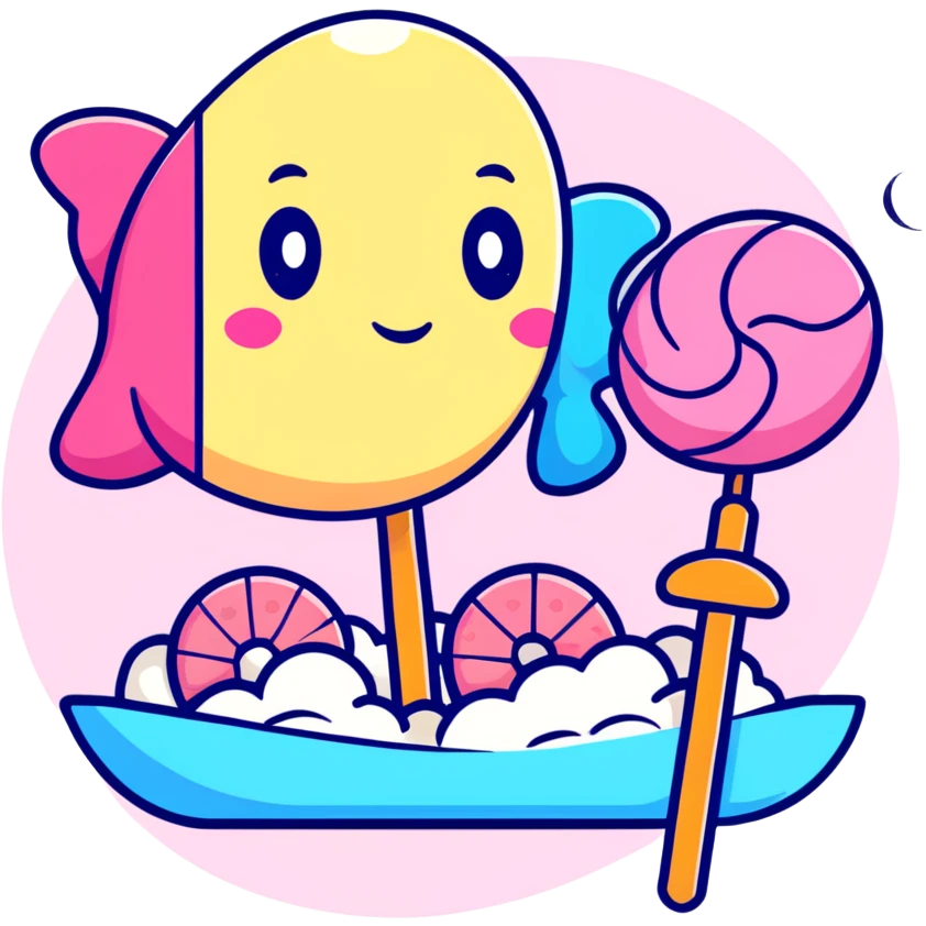 A cute arrangement of fish cake with pink swirl, rice cracker, and tri-colored dango skewer as a Japanese snack trio emoji